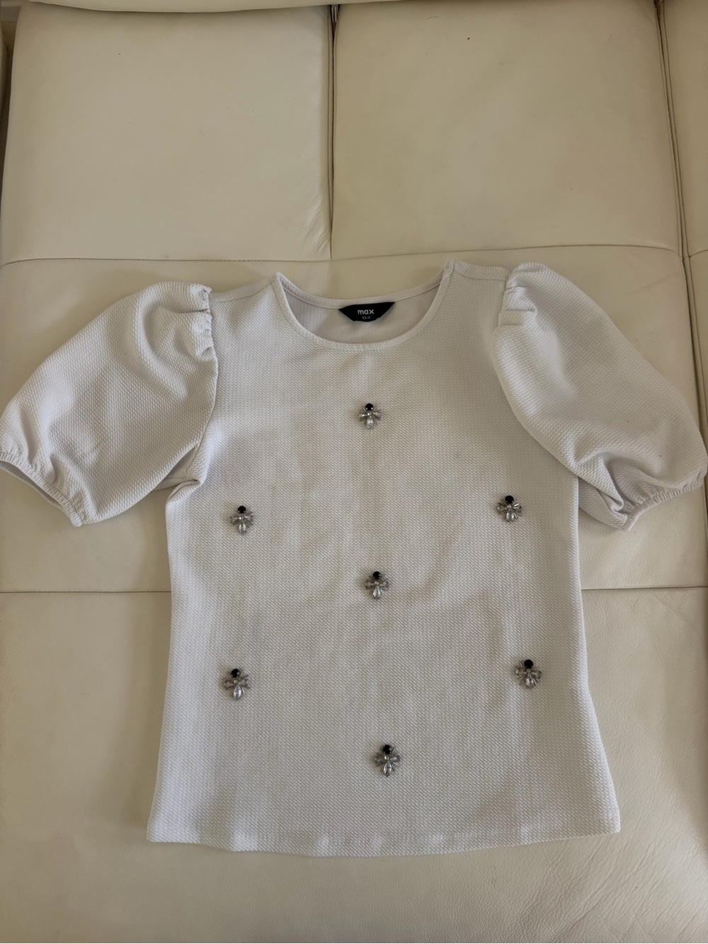 MAX White Puff Sleeve Jeweled Textured Top